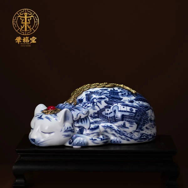 【華禧堂】创意大号国风摆件青花款大金猫入梦/客厅玄关装饰摆件
