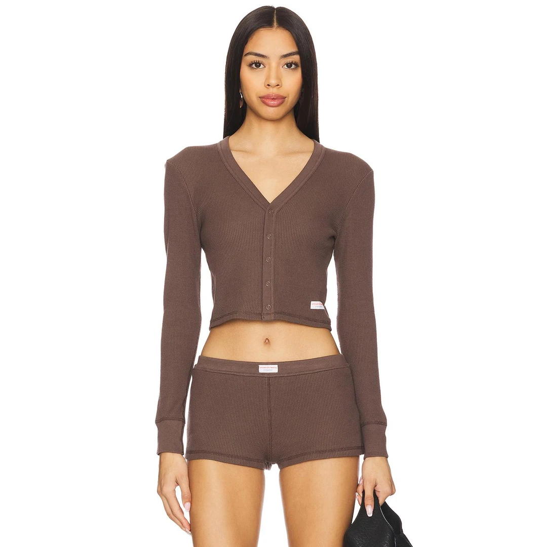 ALEXANDER WANG 长袖华夫格开衫 巧克力色