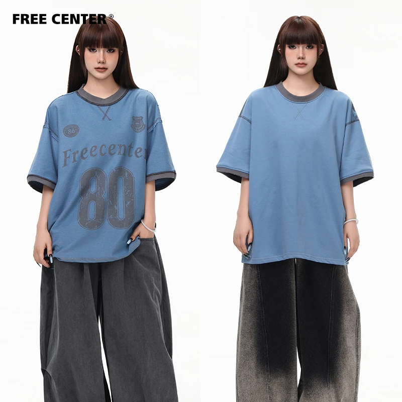 Free Center双面穿美式复古做旧短袖t恤男女同款夏季宽松情侣半袖