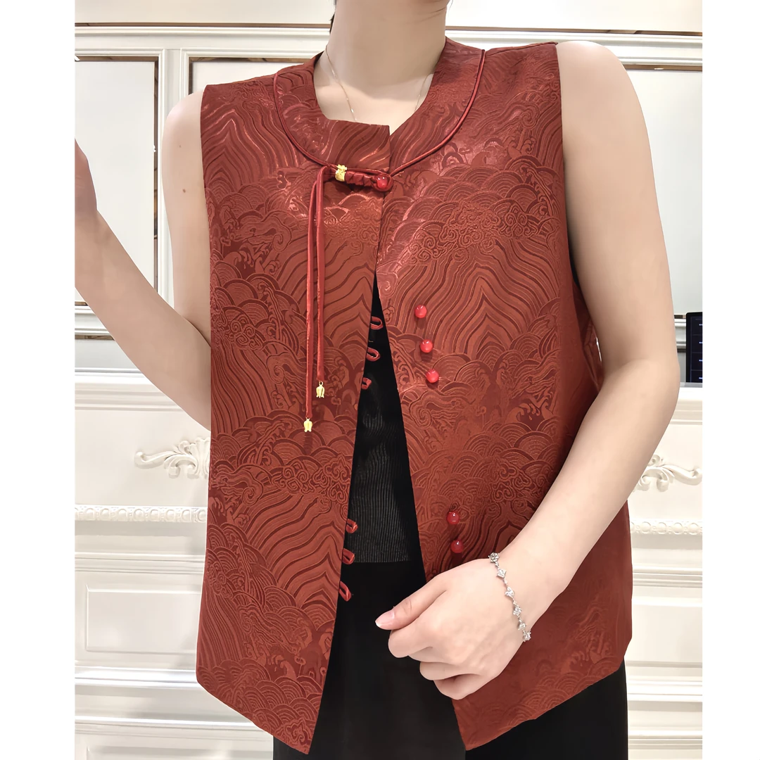 【依山江】马甲红色精致百搭无袖时尚