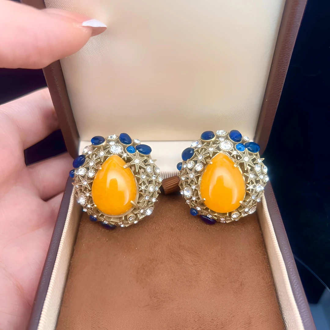 铜合金锆石耳饰 时尚轻奢耳环复古宫廷黄色镶嵌精致古风气质耳饰