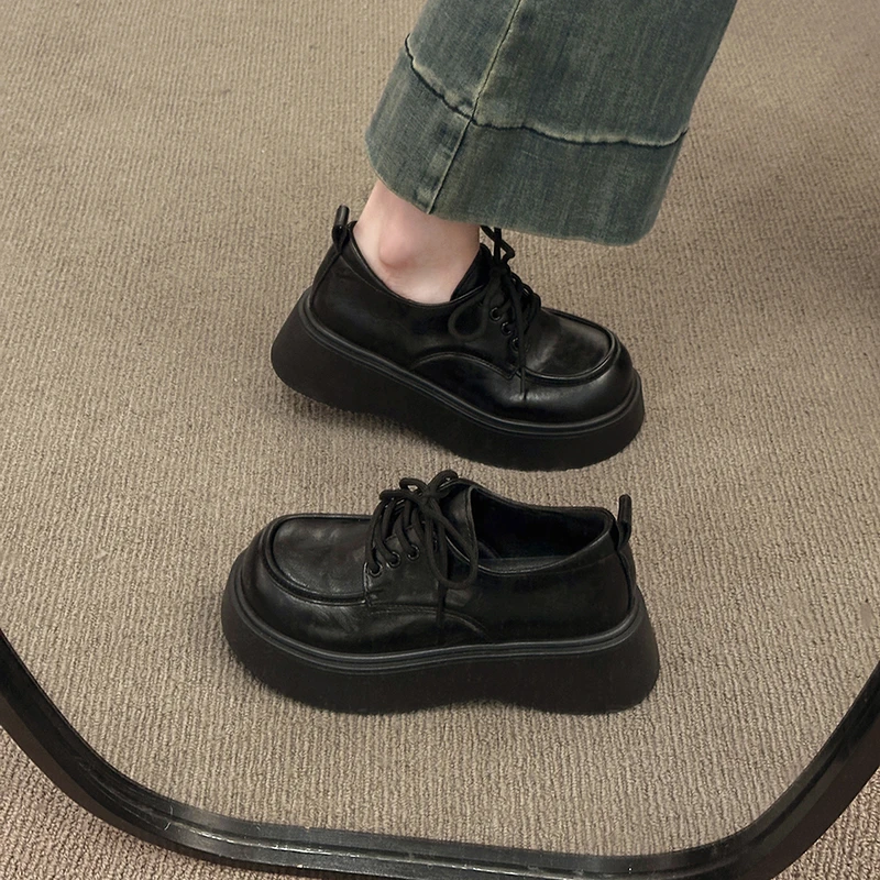 厚底系带小皮鞋女复古2025秋季新款增高英伦风单鞋中跟软底乐福鞋