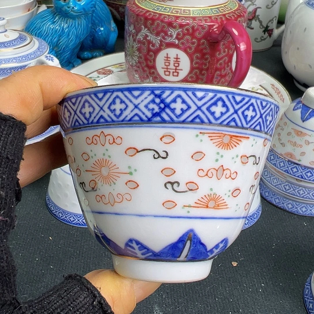 杯景德镇陶瓷青花玲珑加彩二刚杯