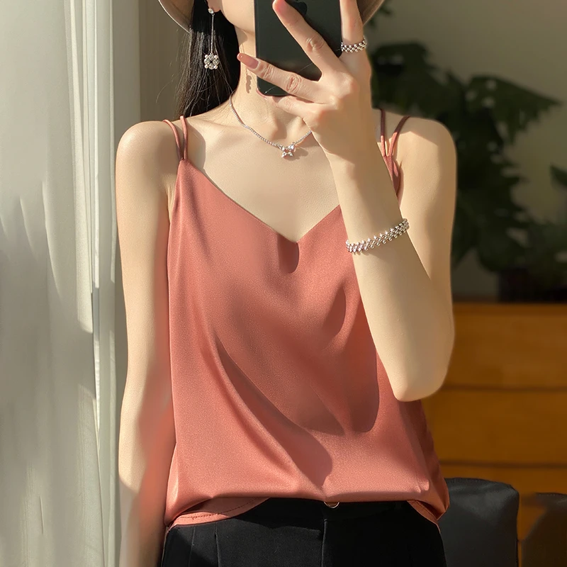 【现货宠粉】新款吊带背心醋酸缎面纯色V领无袖奶芙夏季打底上衣薄