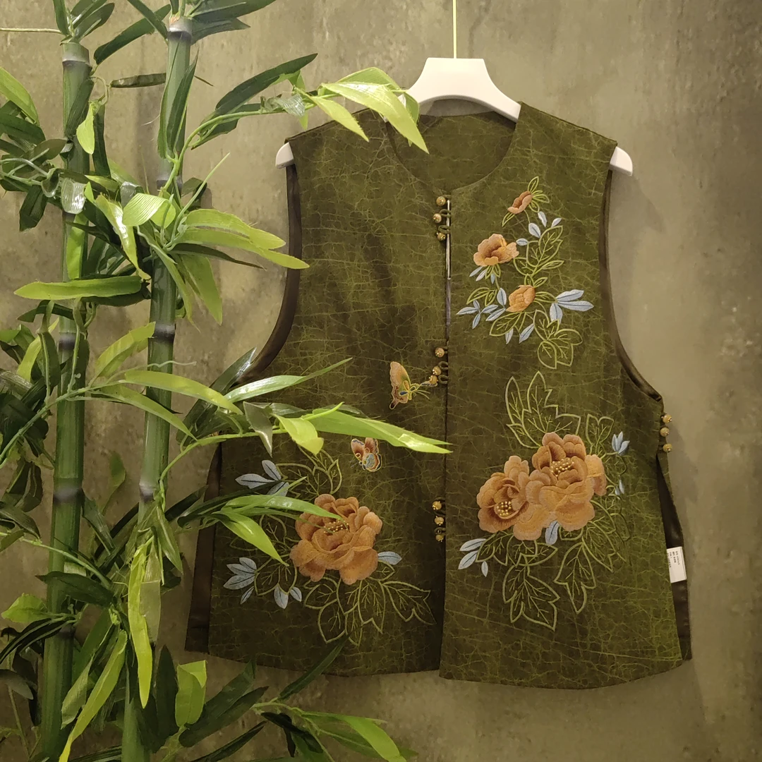 中式国风圆领对襟香云纱马甲