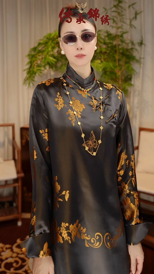 梧桐宝贝【黑金曜牡丹】秋季新款原创老缎金丝绣牡丹花卉时尚上衣服