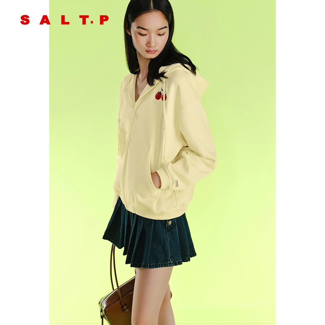 SALT.P可颜休闲刺绣连帽落肩连帽自发热开衫卫衣女2025春新款