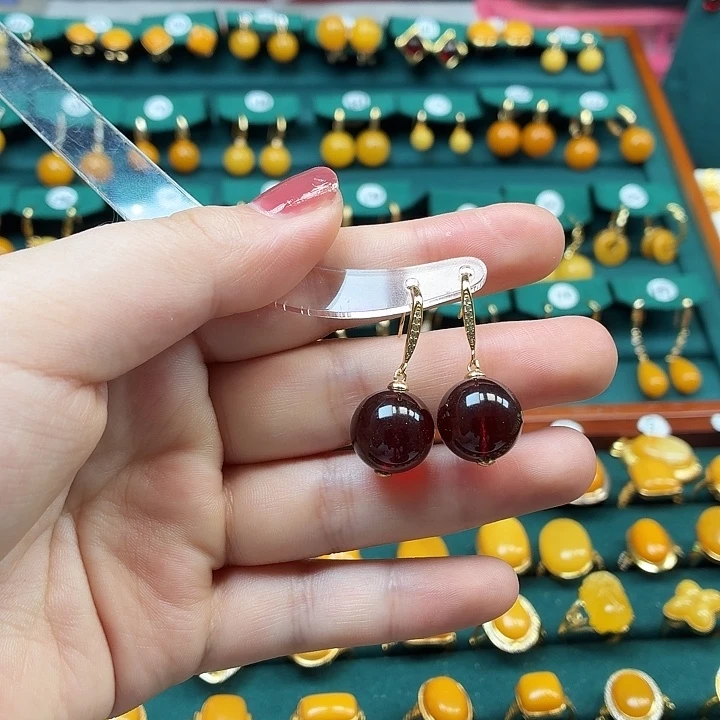 琥珀银S925镶嵌耳饰
