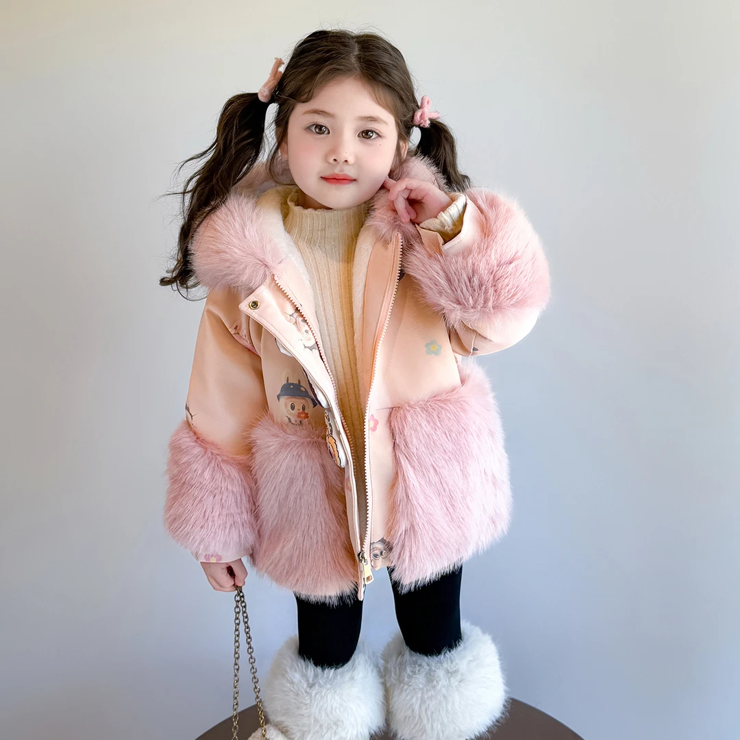 2025新款女小童拉布布毛毛外套冬季洋气甜美加绒加厚保暖儿童冬装