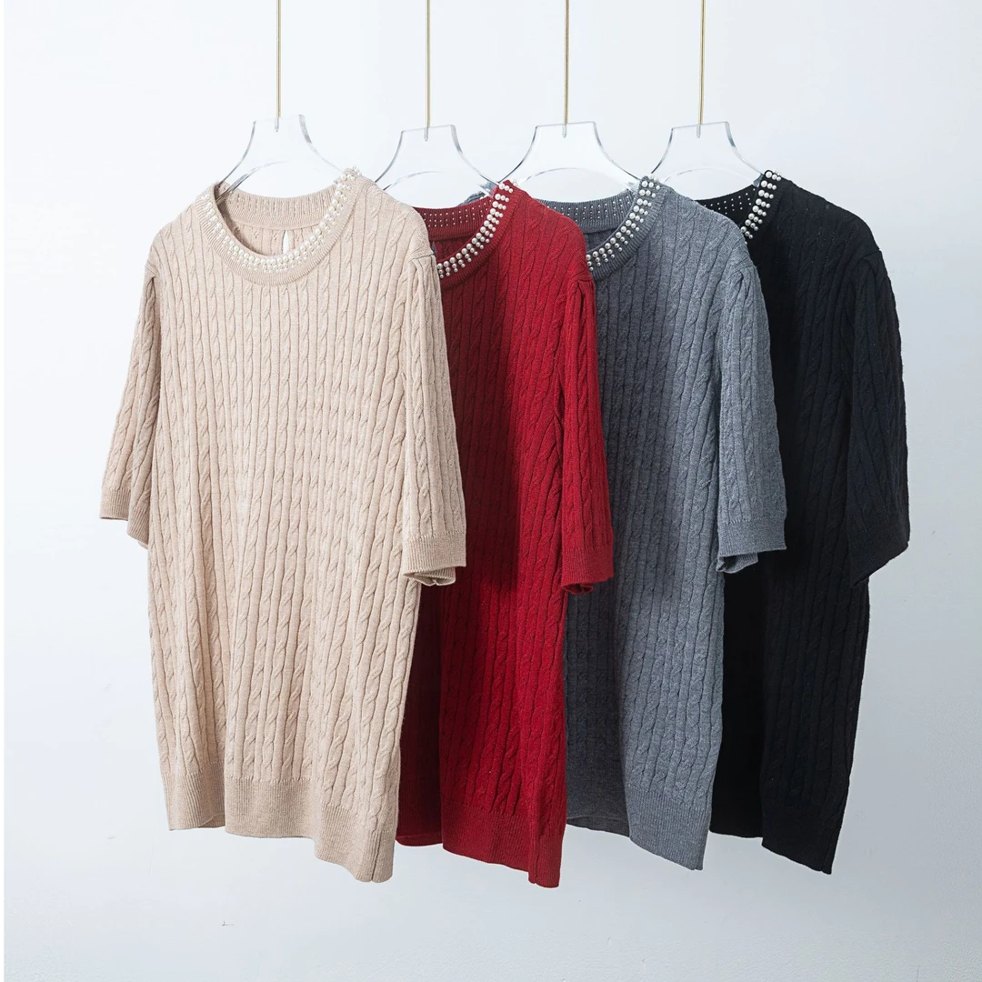 【珠光宝气】春季新品气质圆领重工钉珠桑蚕丝绵羊毛编织毛衫LS801