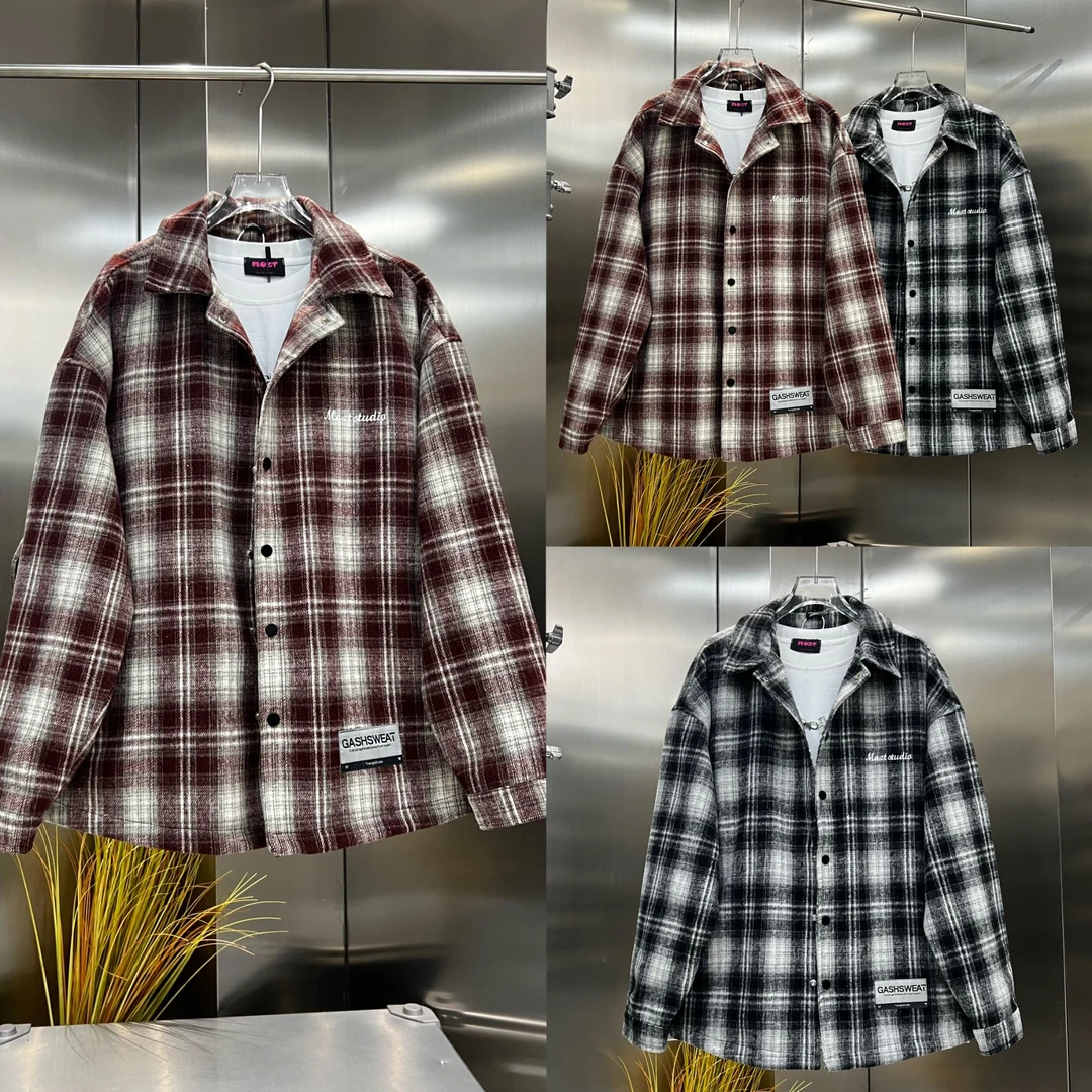 美式休闲情侣春秋撞色格子外套oversize街头百搭上衣夹克