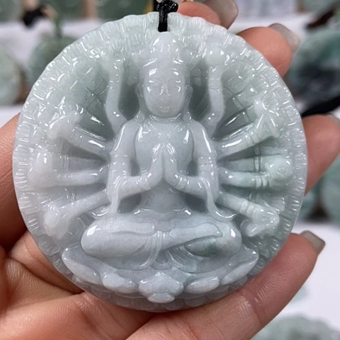 翡翠颈饰未镶嵌山水千手观音两面工福利有棉线福利