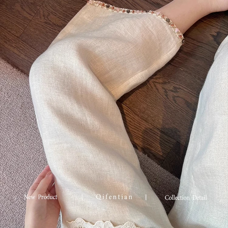 新中式钉珠珠光亚麻阔腿裤女夏新款高级感气质垂感显瘦九分直筒裤