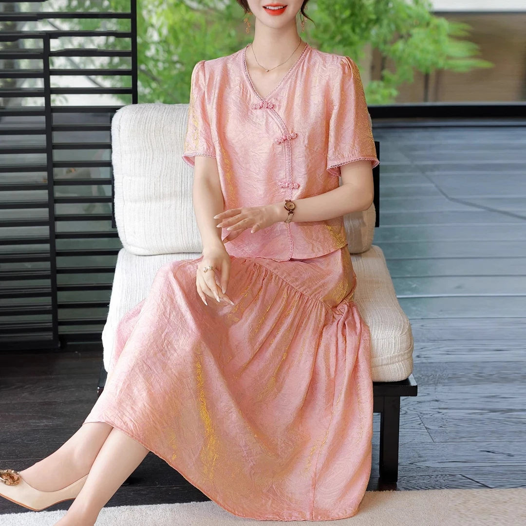 端庄优雅妈妈夏装连衣裙2025新款套装中老年女装中式国风气质套裙