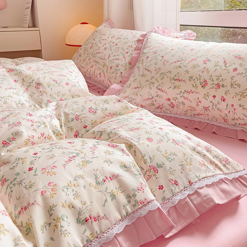 全棉小清新花边款蕾丝四件套纯棉小碎花被套简约床单学生宿舍三件