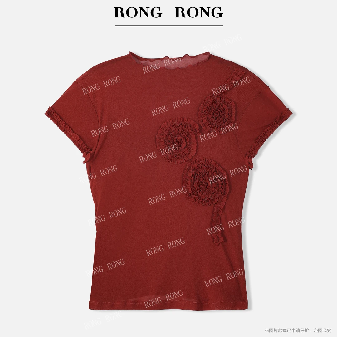 溶溶【暮光花海】RONGRONG 花边领重工立体花卉短袖T恤上衣T-Z0345