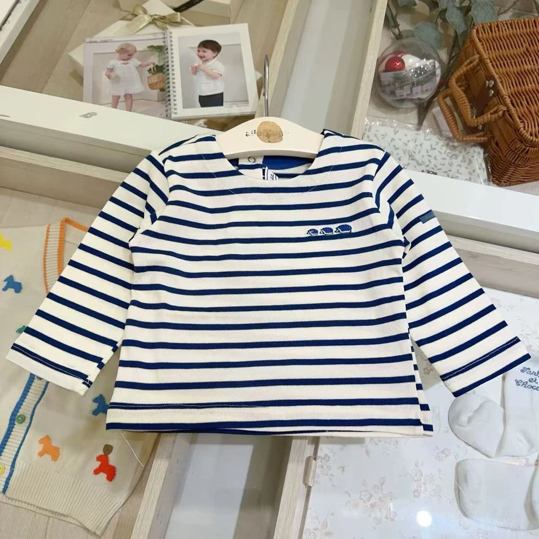 韩国童装新款儿童刺猬蓝条纹T恤11010