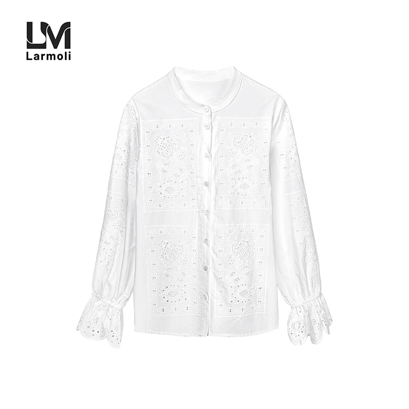 Larmoli2044法式镂空刺锈白色衬衫女长袖立领衬衣早秋