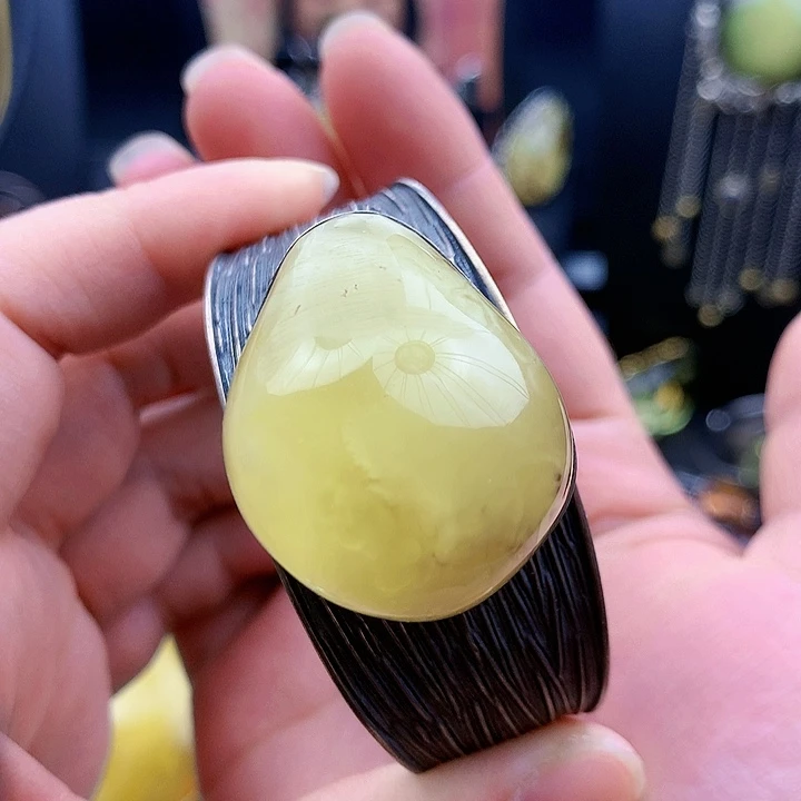 琥珀裸石银S925镶嵌手镯