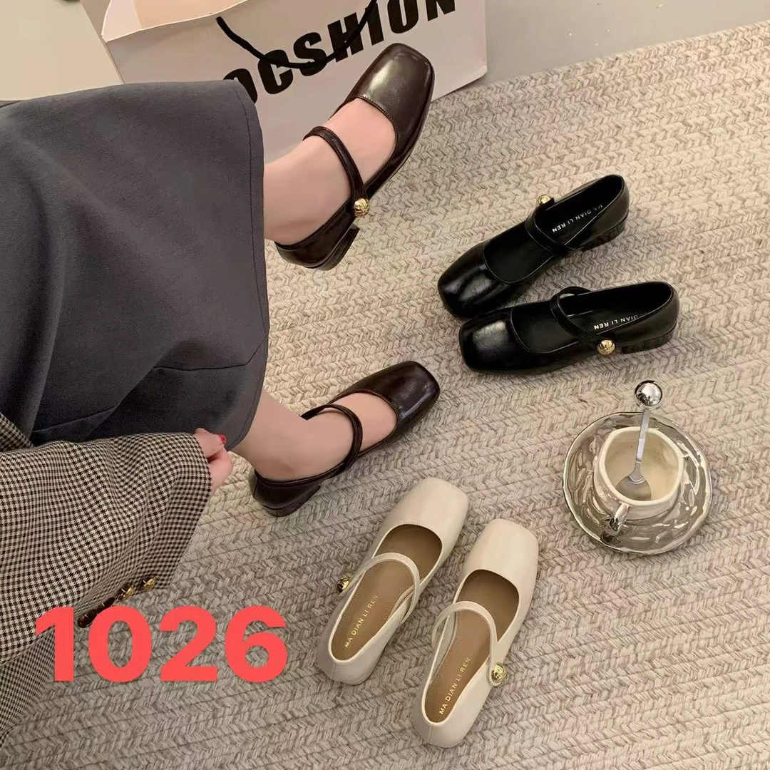 JD-1026 玛丽珍鞋女粗跟春款方头百搭单鞋舒适中跟小皮鞋浅口女鞋