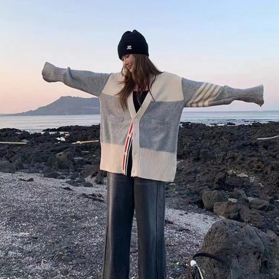 2025早春新款灰色中长款条纹针织开衫女慵懒风小个子