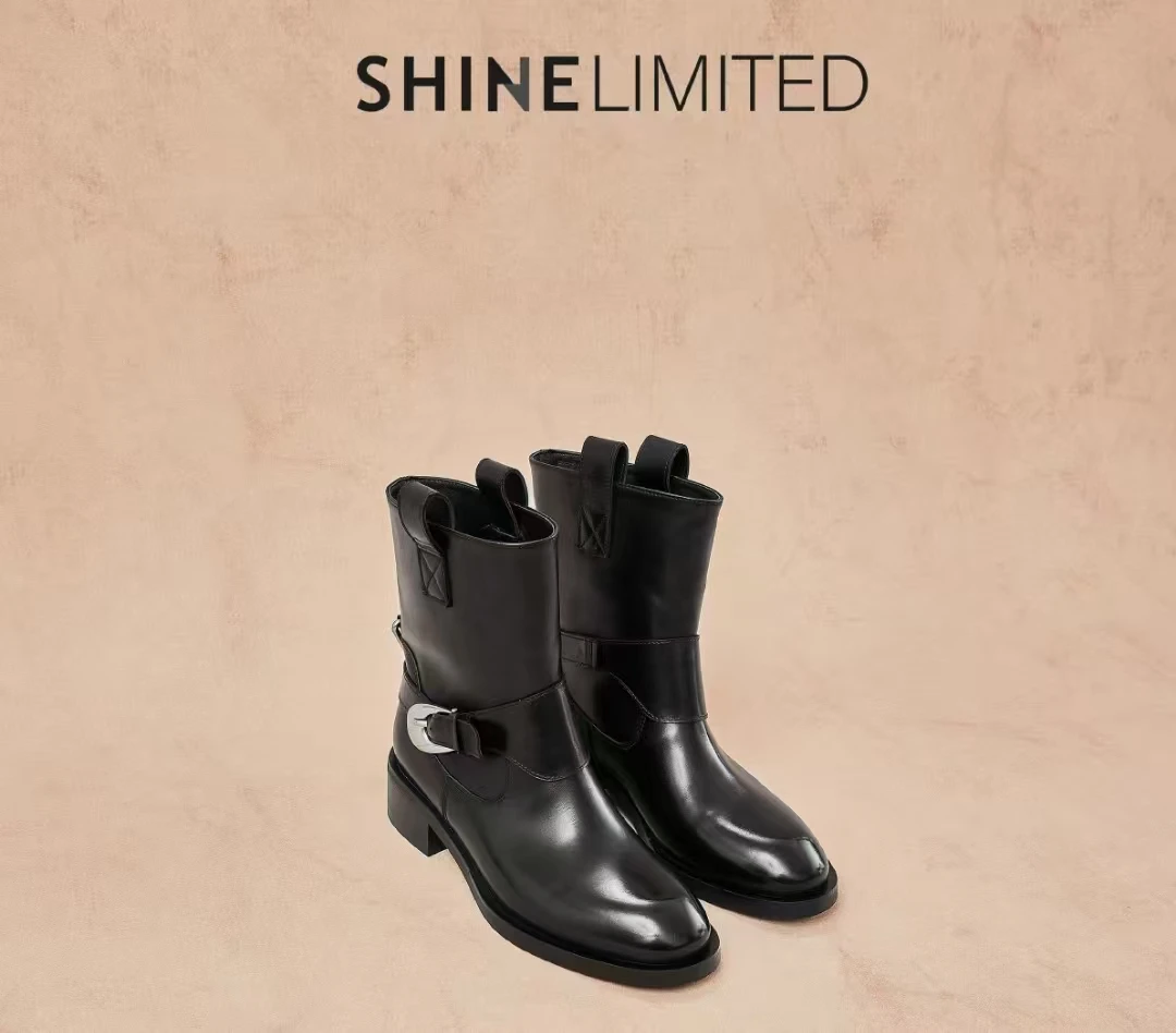 2024新款小众皮带扣马丁靴女金属扣平底粗跟复古皮带扣短靴SL323