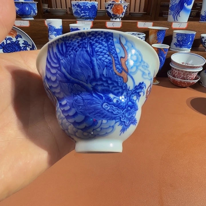 青花手工手绘龙纹盖碗