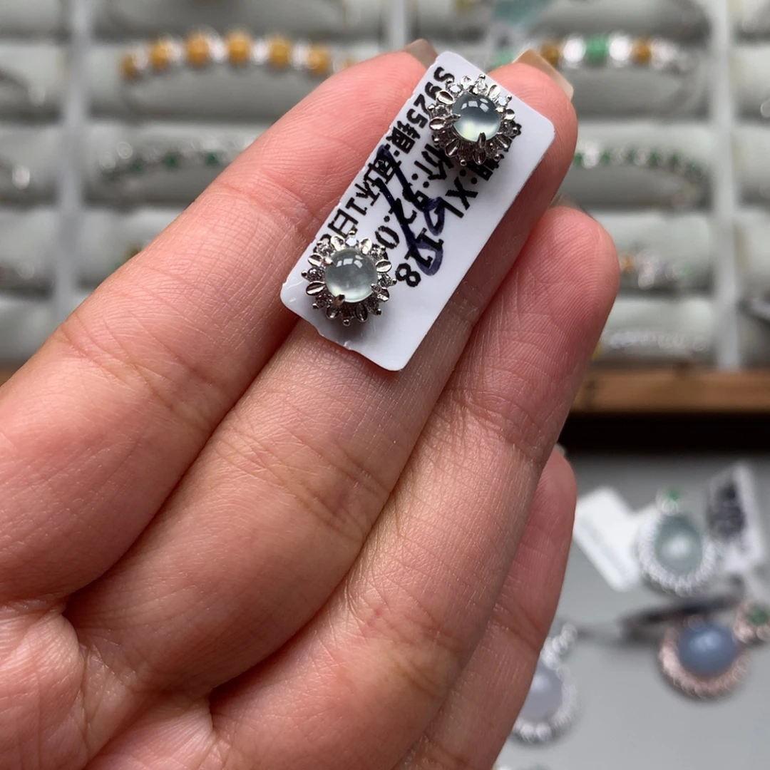 翡翠银S925镶嵌戒指耳钉