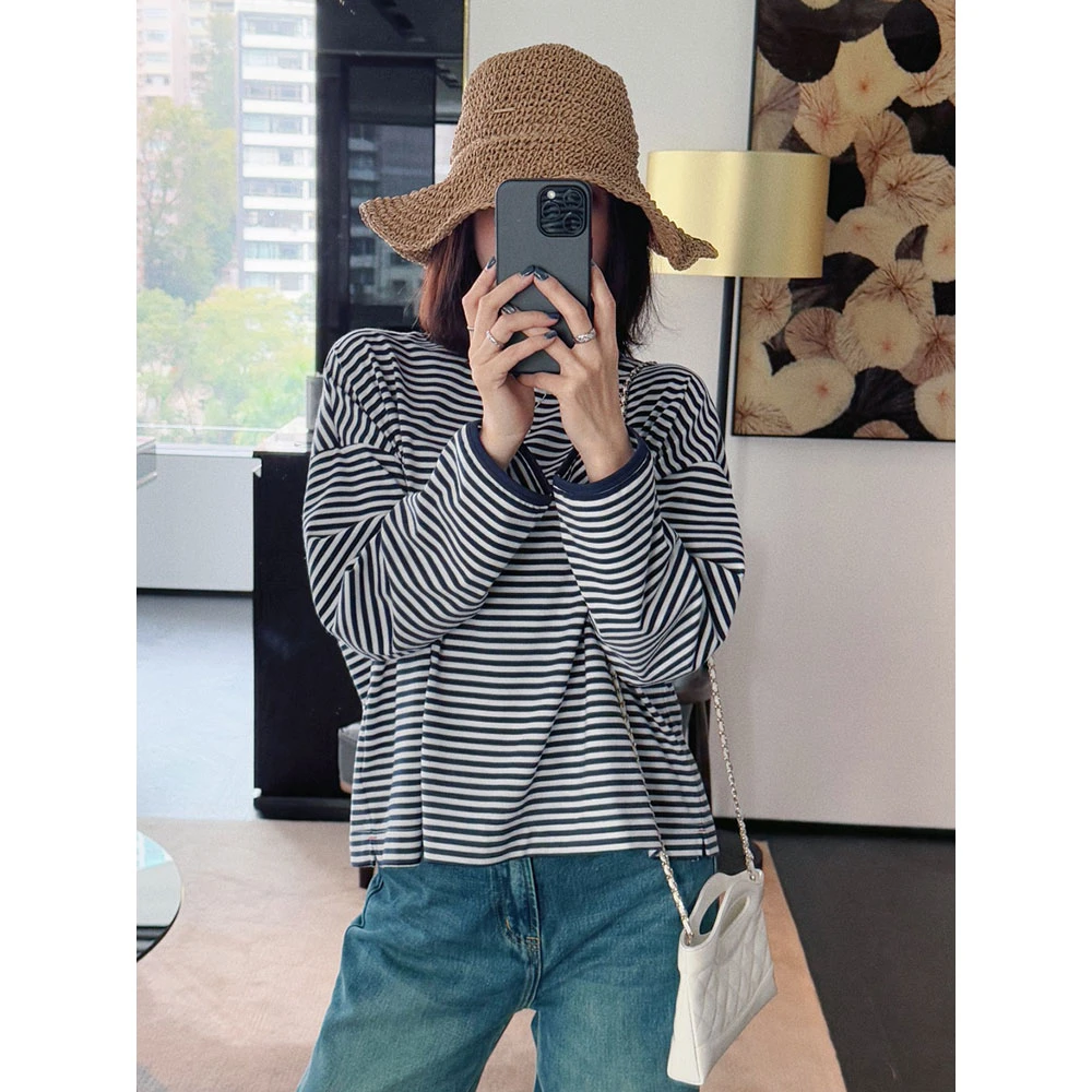 【MGDM】棉感复古双纱藏青条纹圆领上衣T恤女2025春LFB25005