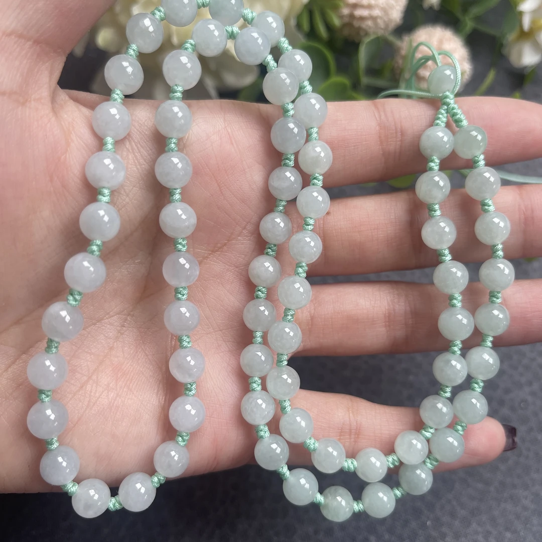 缅甸A货翡翠冰种翡翠晴绿色7mm纯手工编织玉牌项链绳60厘米周长