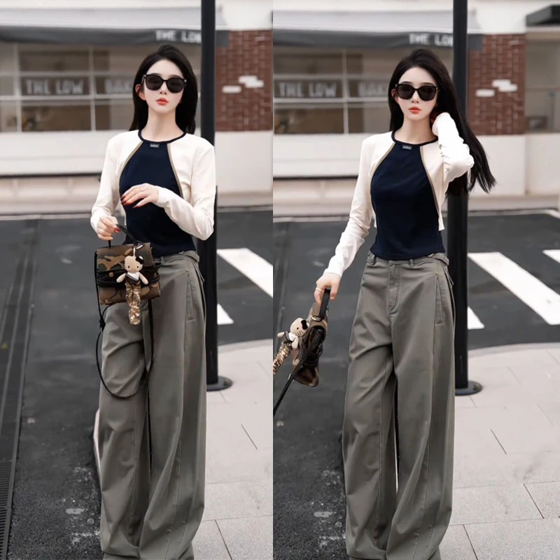 2025秋季新款设计感时尚套装百搭长袖圆领上衣女休闲阔腿裤两件套