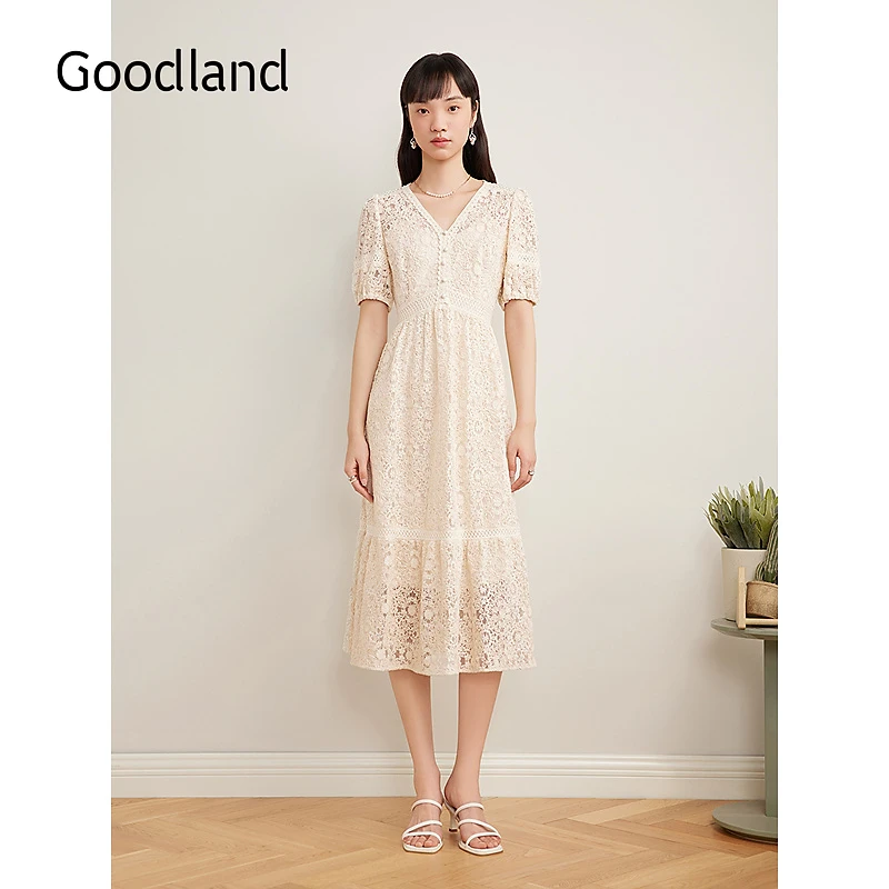 Goodland美地女装2025夏季新款优雅v领蕾丝短袖连衣裙