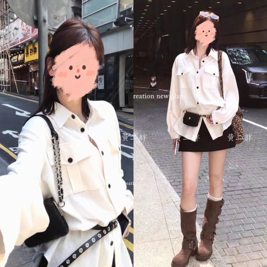 2025春季新款亚麻口袋衬衫+纽约旧报重工网纱半身长裙俩件套