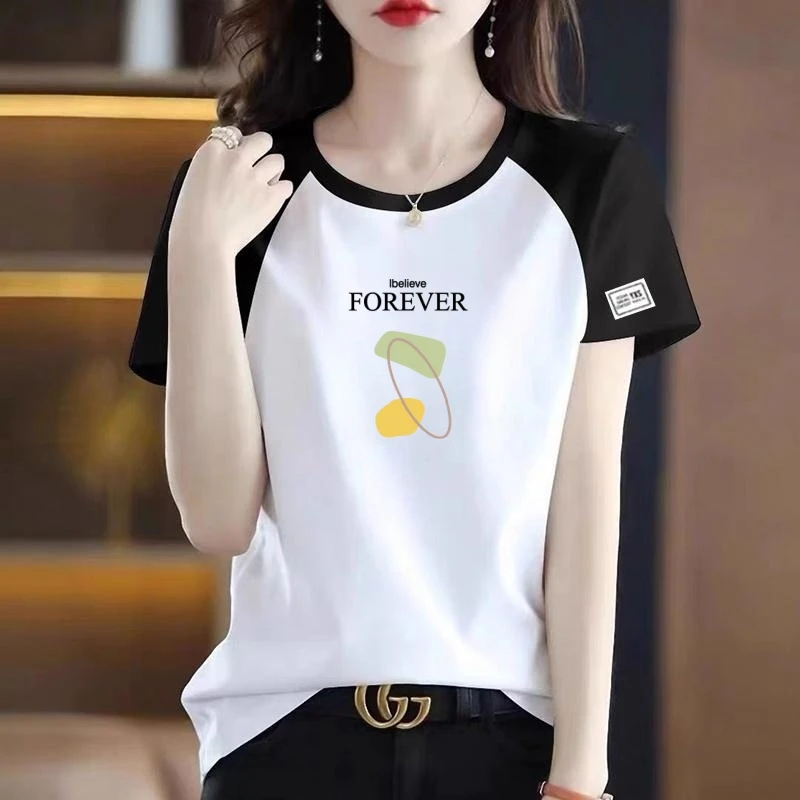 纯棉短袖t恤女士夏季新款大码胖mm宽松休闲减龄撞色拼接半袖上衣