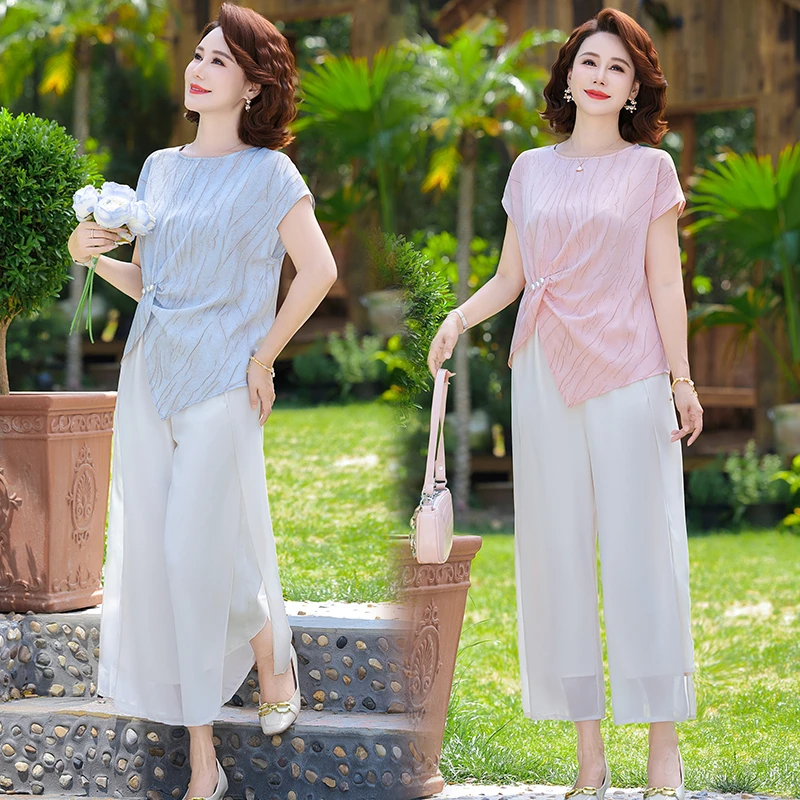 时尚妈妈装圆领花色高档套装清爽凉快夏季新款中老年女装两件套