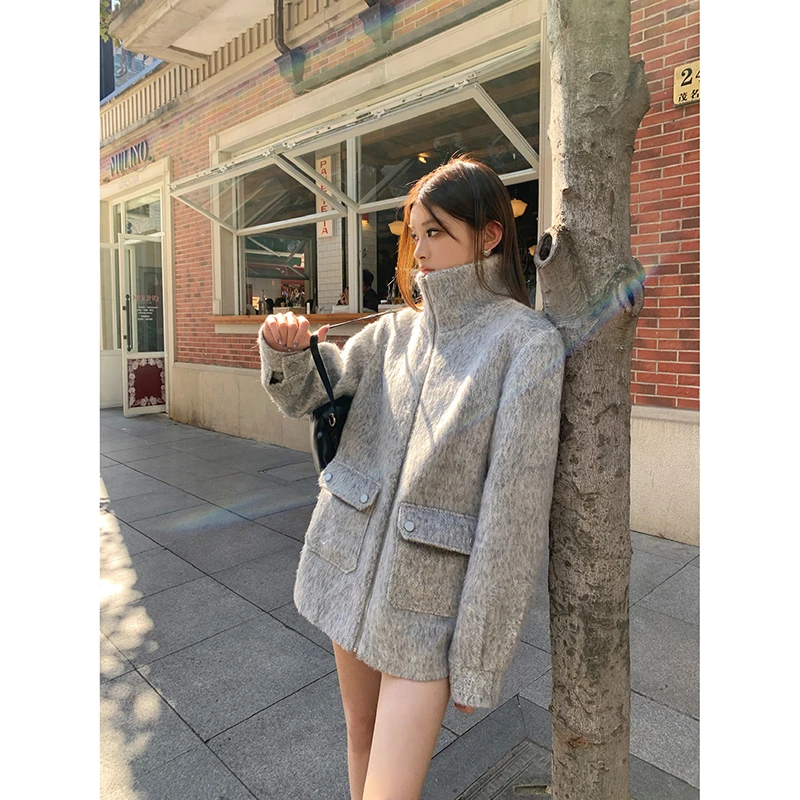 TA suki_拉链毛呢外套女2025新款秋冬宽松气质高级感呢子