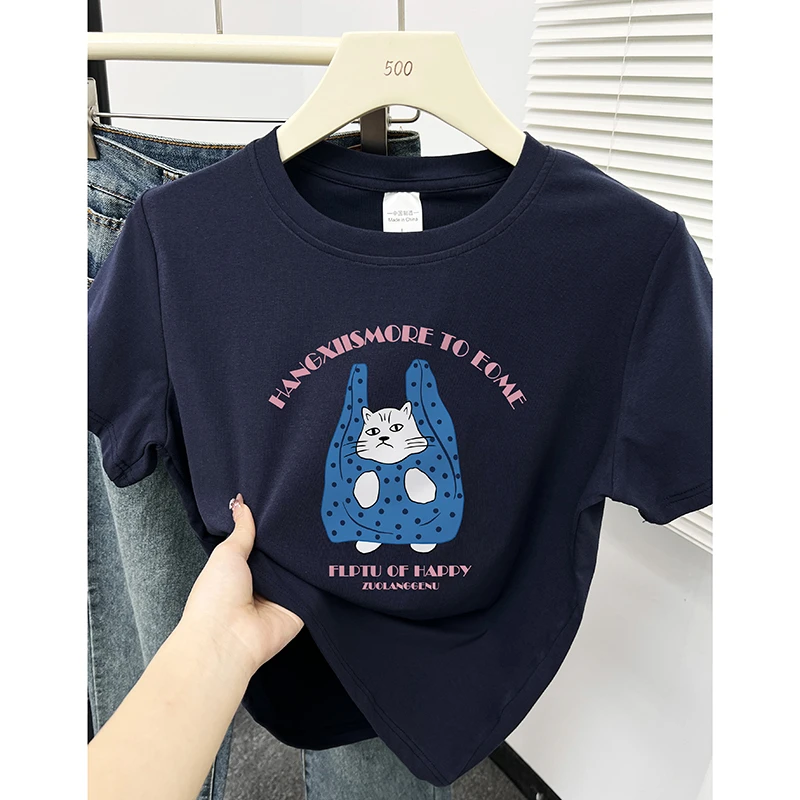 藏蓝色圆领猫咪印花短袖T恤女夏季新款韩版显瘦正肩小个子上衣潮
