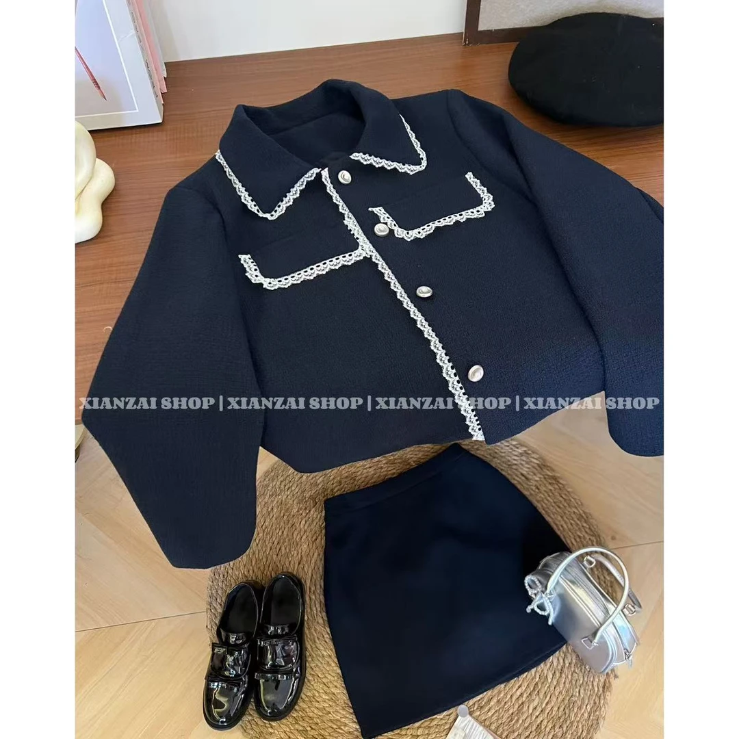 XIANZAI【名媛培训班】早春穿搭精致小香风钩花外套短裙两件套装