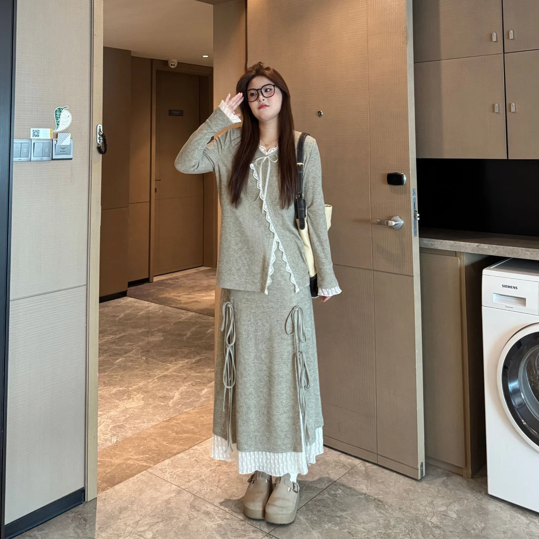 盈盈&南岛风大码女装胖mm蕾丝边上衣春秋显瘦抽绳半裙套装ZYY1456