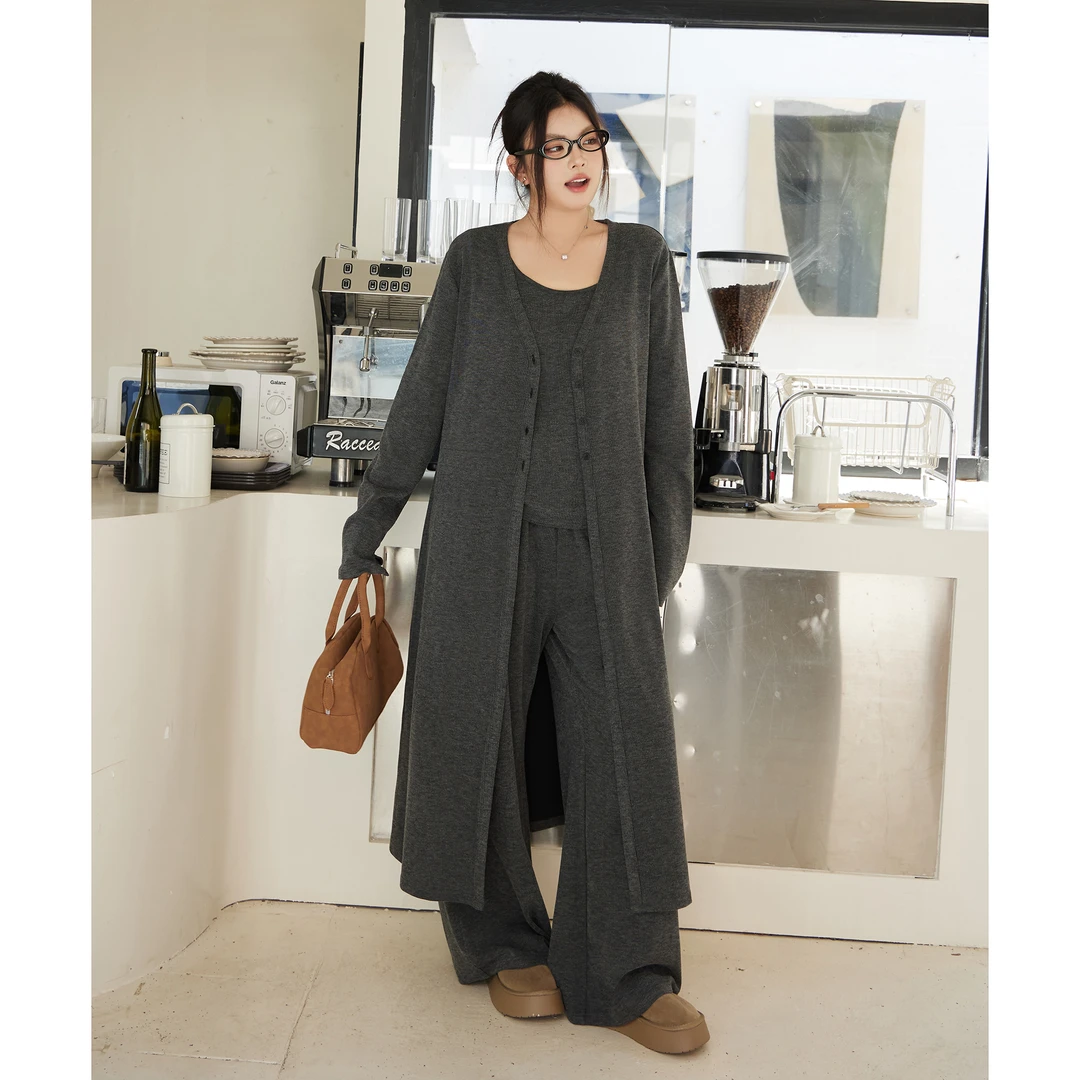 韩版气质简约慵懒休闲中长款开衫+纯色背心+休闲阔腿裤套装 3690