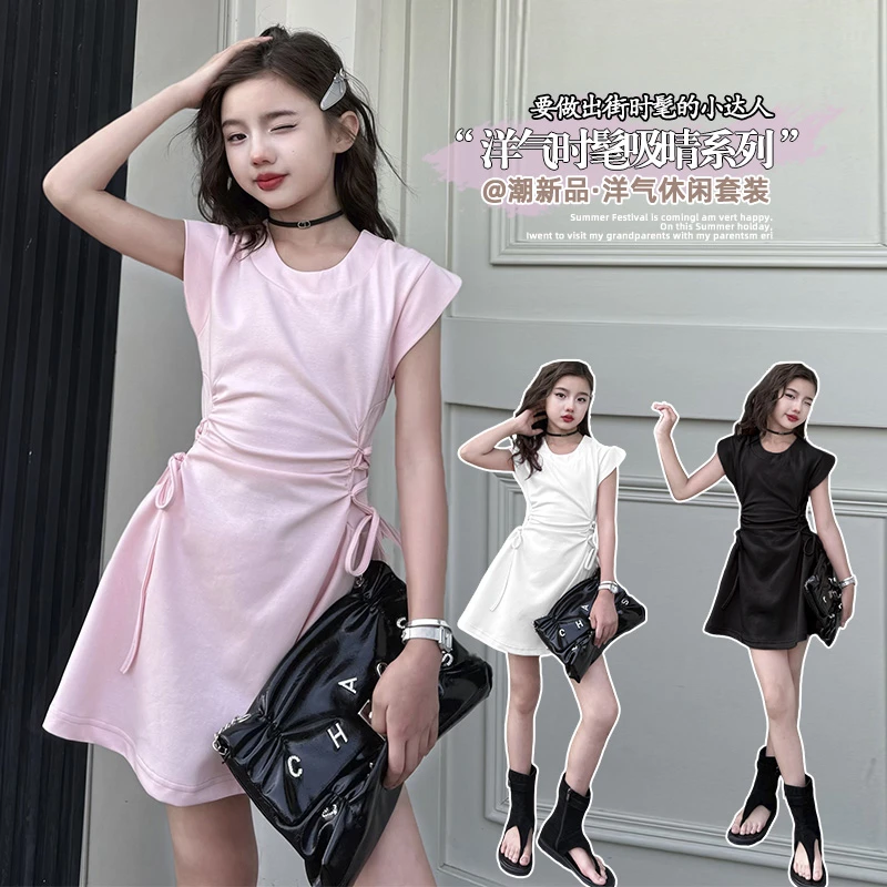 女童度假连衣裙2025新款夏装中大童洋气时髦高级设计感抽绳连衣裙