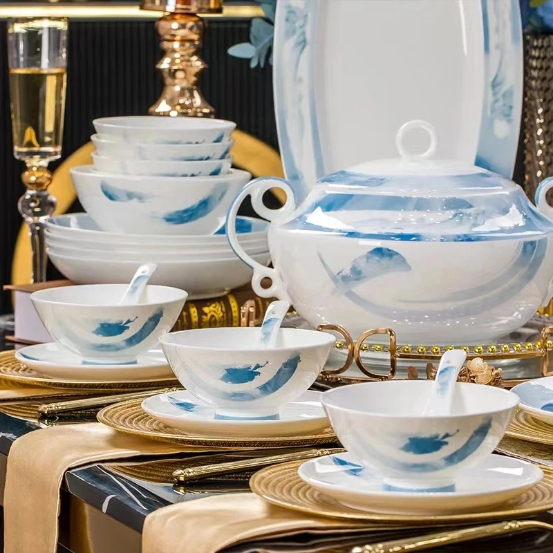 【洛威】笔墨奇缘58+4件套家用陶瓷碗欧式套装景德镇送礼高档餐具盘