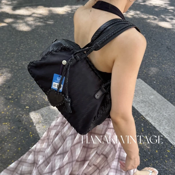 95新 DIOR/迪奥 花绮中古/Dior黑色帆布老花限定编织单肩包