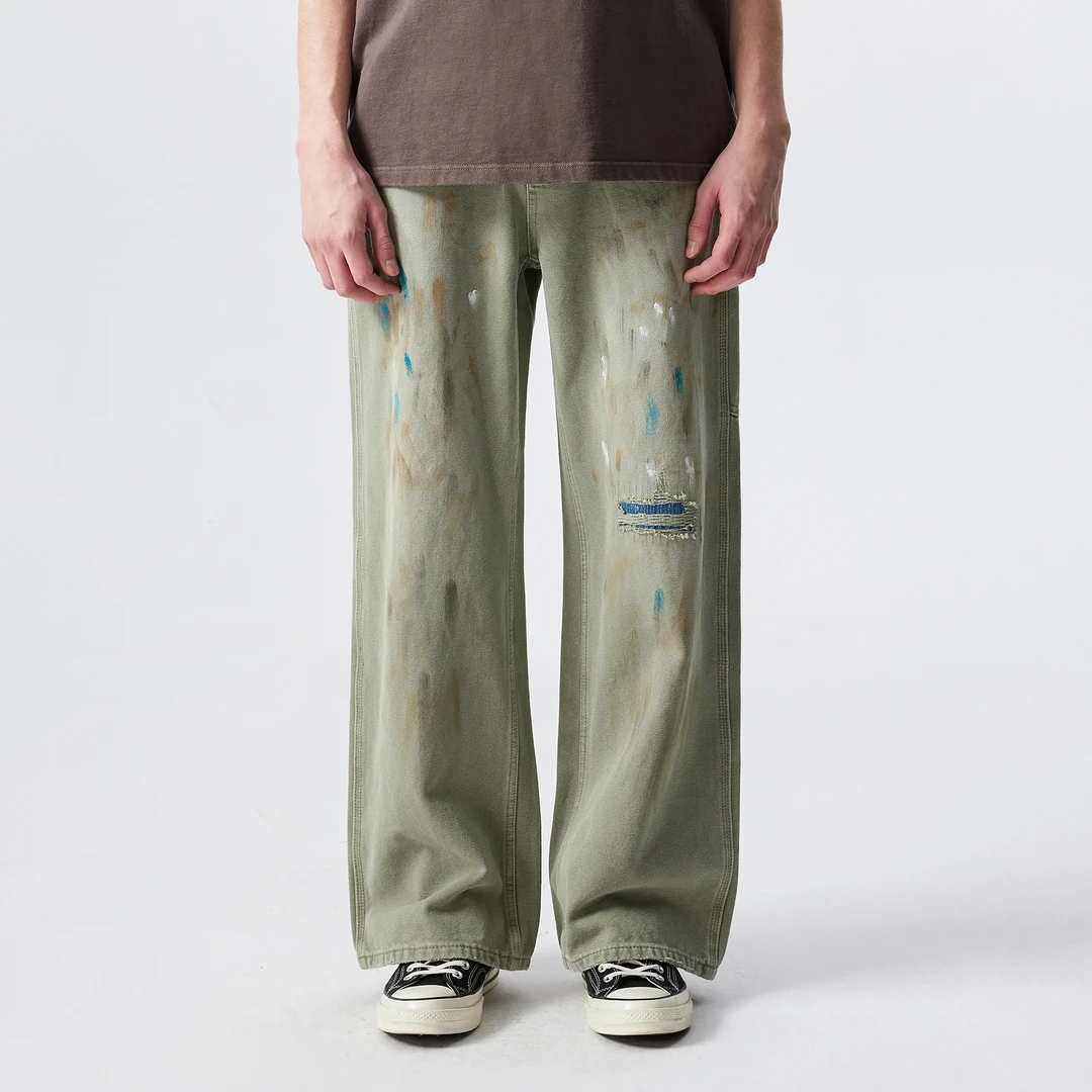 新因素美式复古基础水洗做旧gtal裤子油漆泼墨直筒牛仔裤休闲时尚