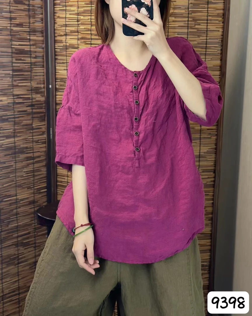 亚麻排扣上衣简约设计宽松舒适文艺衬衫