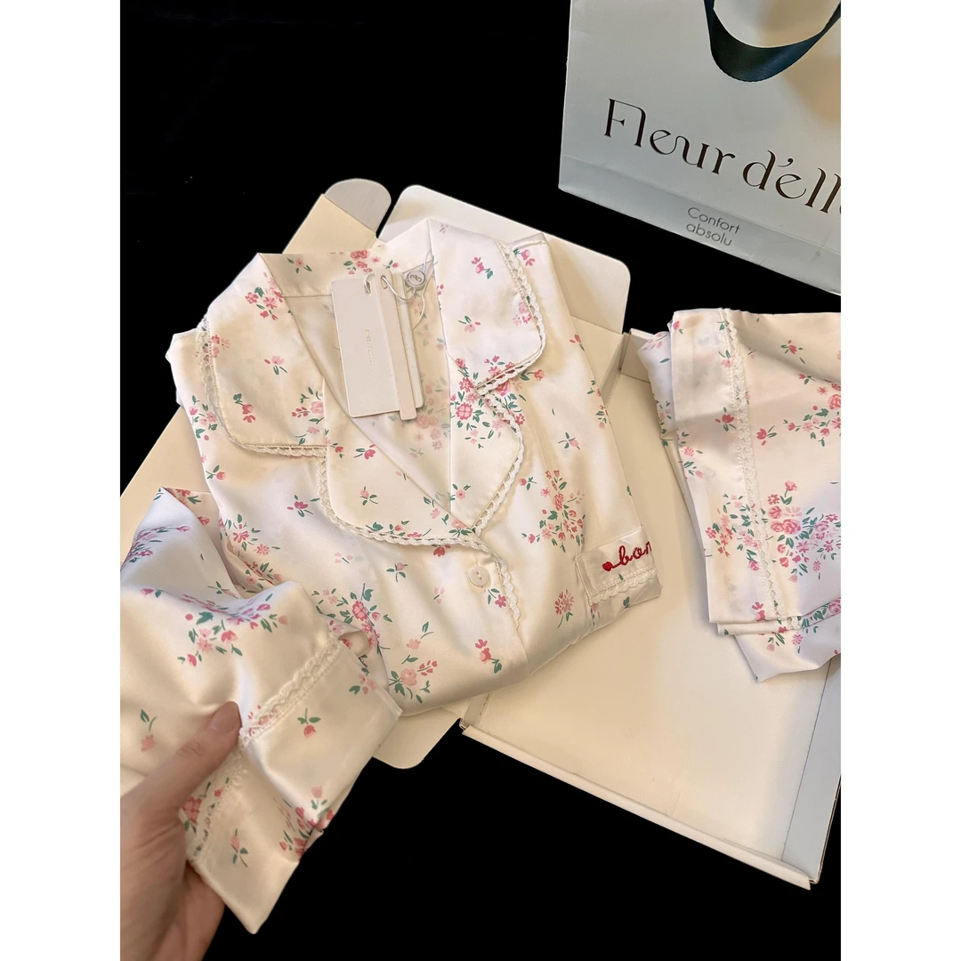 宁宁同款甜美碎花冰丝睡衣女秋季2025新款大码长袖长裤套装家居服