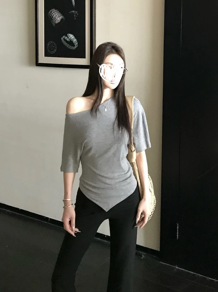 松弛配方 斜肩薄款中袖T恤修身上衣女C 8515#