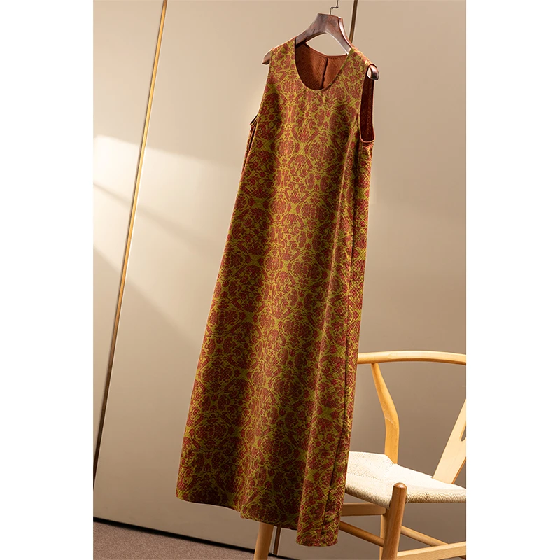 春天家 典雅大气 法G重磅真丝香云纱提花开叉背心连衣裙女77C8