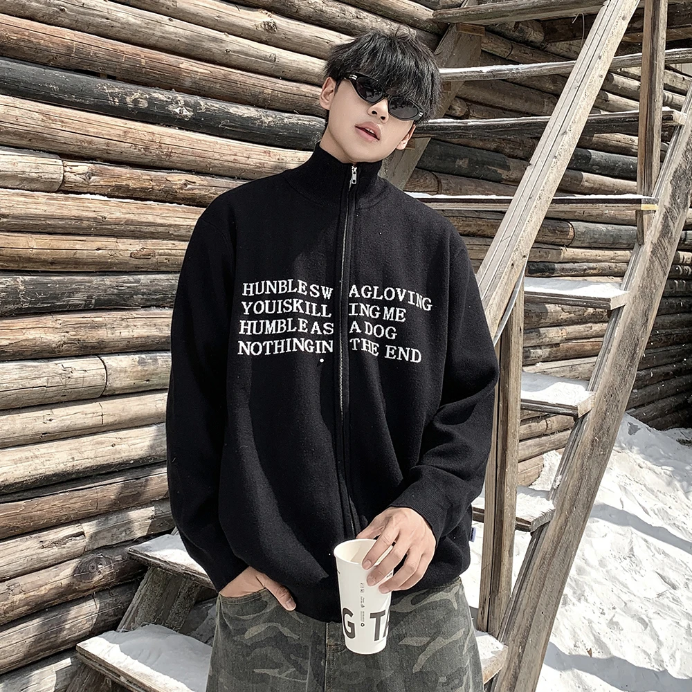 小柯XCOK美式街头刺绣字母高领针织开衫保暖宽松ins黑色毛衣ME10