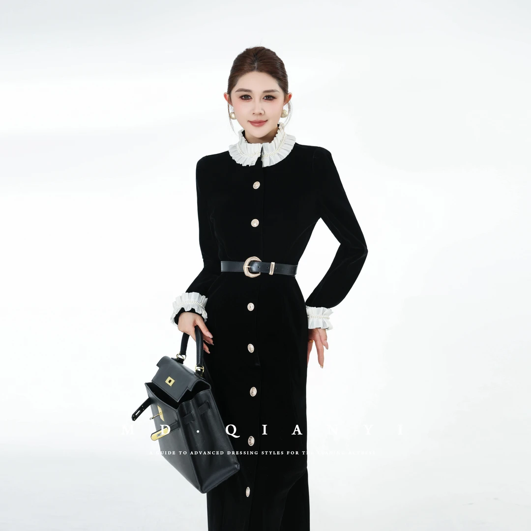 MD定制·杨千亿【奢暖美学】2025冬季时尚显瘦修身拼接连衣裙